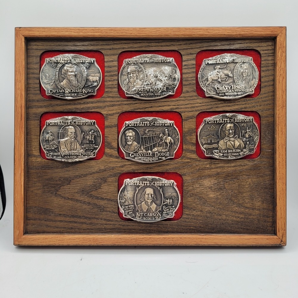 New Sealed 7 Each Portraits of History Solid Brass Mounted Belt Buckles